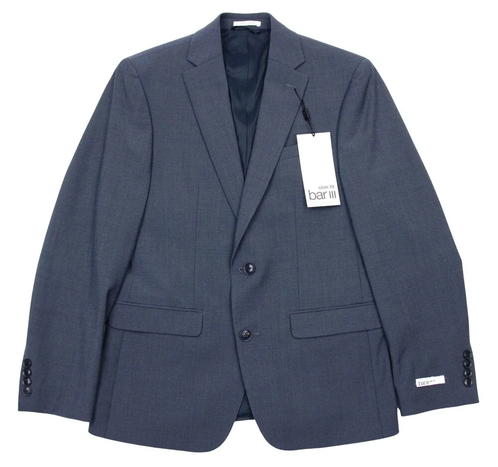 Bar III Skinny Fit Suit Jacket 44 L Mens Solid Blue Stretch Wool Two Button